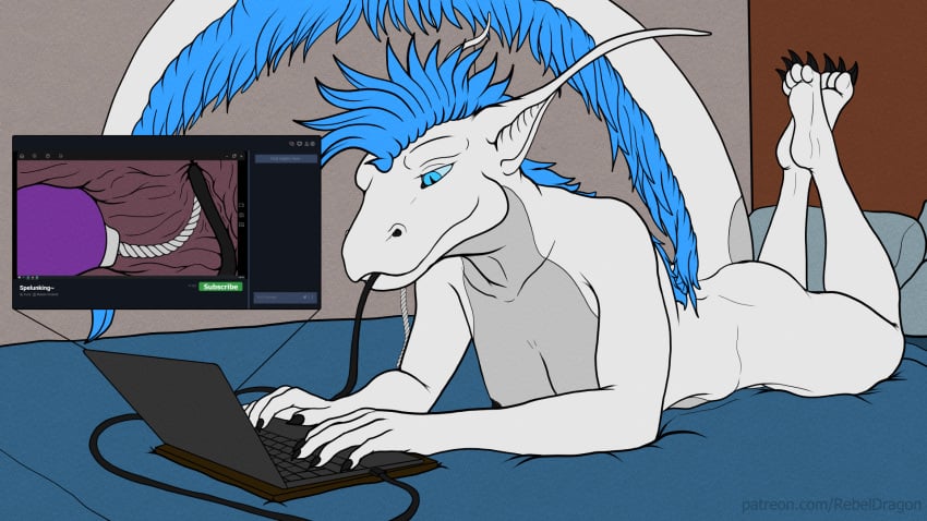 anthro bedroom breasts carnivore christa_(rebeldragon101) computer dragon endoscope endosoma fangs female hi_res internal internal_camera laptop nude object_vore rebeldragon101 snapchat solo streaming teasing teeth toy vore vorny