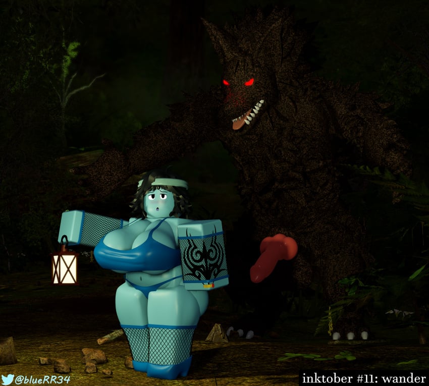 1boy1girl 3d animal_genitalia big_breasts black_hair blue_skin bluerr34 canine_penis chubby female fishnets forest gloves glowing_eyes hairy headband heels highres imminent_sex impending_sex inktober knot lantern larger_male monster night original_character outdoors outside penis ring roblox robloxian self_upload shiram size_difference smaller_female stockings tagme tattoo teeth teeth_showing text tongue tongue_out twitter_username werewolf