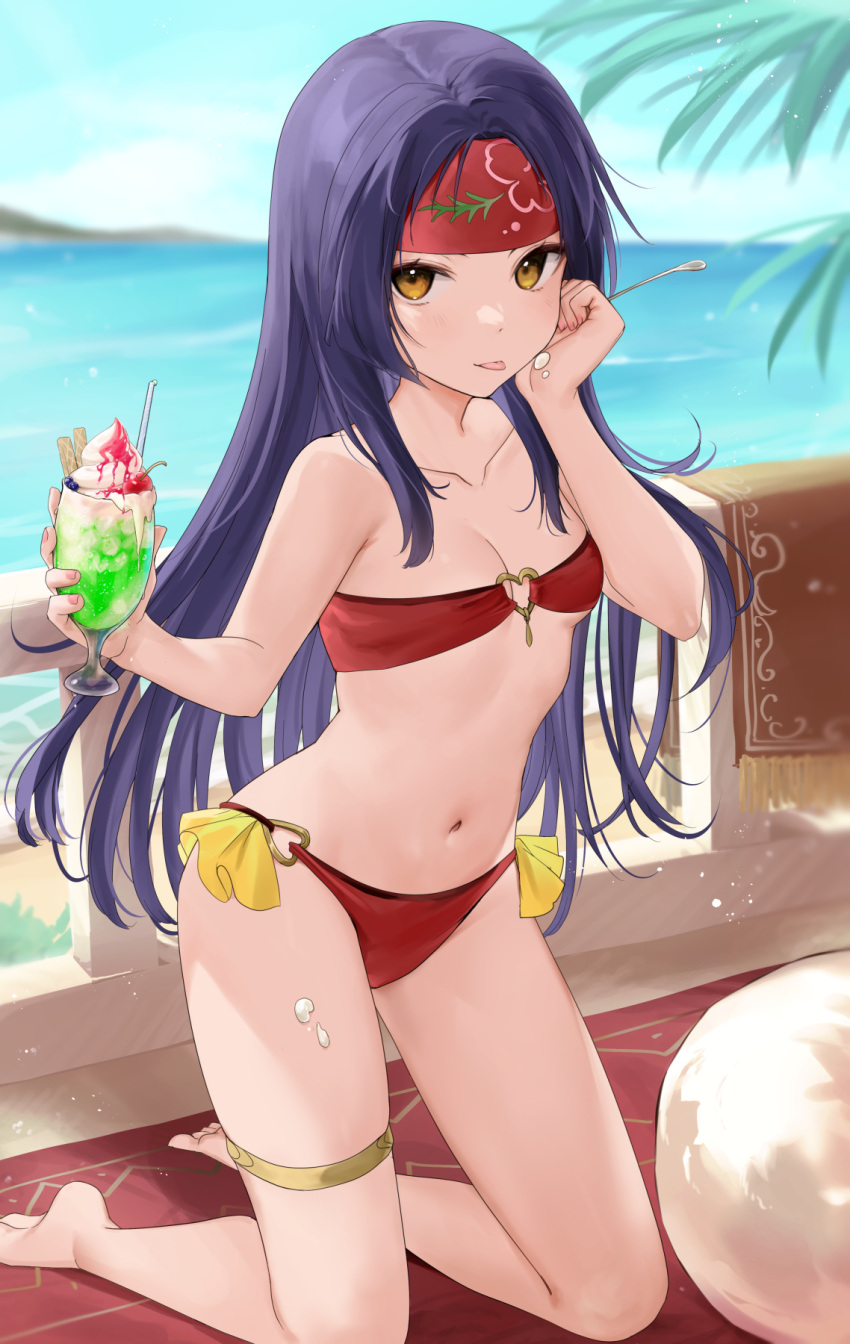 1girls alternate_costume bare_shoulders bikini breasts collarbone commission cup female female female_only fire_emblem fire_emblem:_radiant_dawn food_on_hand haru_(nakajou-28) headband heart_o-ring heart_ring_top highres holding holding_cup holding_spoon kneeling long_hair looking_at_viewer navel nintendo ocean parfait pixiv_commission purple_hair red_bikini red_headband red_swimsuit sanaki_kirsch_altina small_breasts solo spoon swimsuit tongue tongue_out yellow_eyes