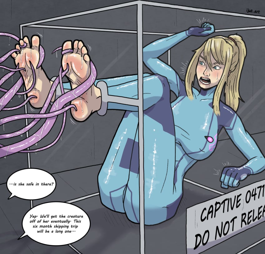 bad_end barefoot bodysuit captured_heroine feet foot_fetish ijwt_art in_box in_container metroid restrained samus_aran soles struggling tentacle tentacle_between_toes tentacle_tickling tickle_torture tickling tickling_feet toes zero_suit zero_suit_samus