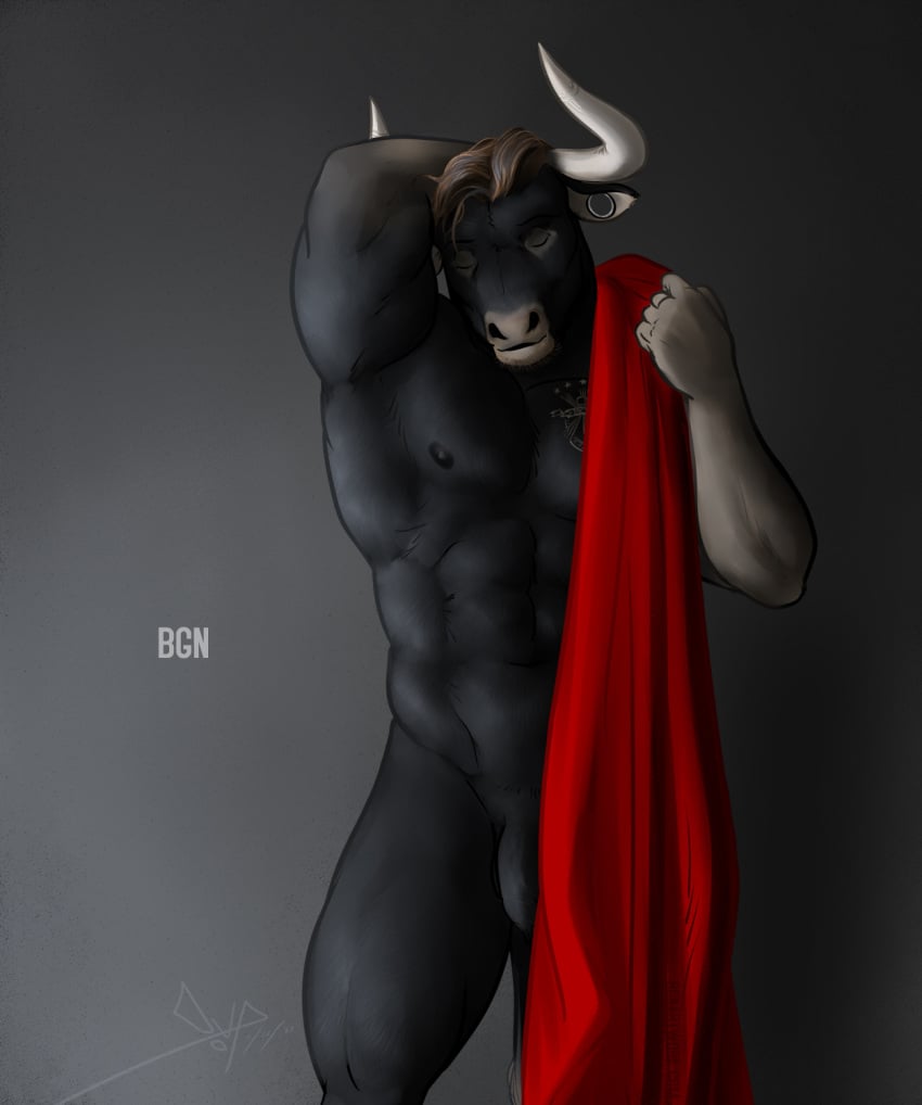 abs anthro bgn biceps black_body black_fur bovid bovine brown_hair cattle closed_eyes ear_piercing flaccid fur gauged_ear genitals hair hand_behind_head hi_res horn male mammal muscular muscular_anthro muscular_male nipples nude pecs penis piercing sebastian_(bgn) simple_background solo tattoo