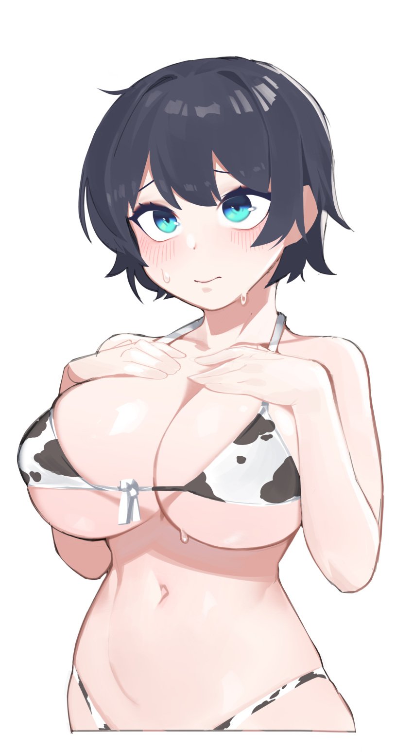 absurdres animal_print bikini black_hair blue_eyes blush breast_suppress breasts character_request closed_mouth copyright_request cow_print female front-tie_bikini_top front-tie_top halterneck hands_on_own_chest highres large_breasts micro_bikini navel print_bikini sangobob short_hair solo stomach sweat swimsuit underboob