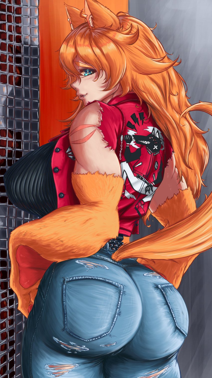 1girls anthro ass big_ass buffpup_(vtuber) dog_ears dog_girl dog_tail female female_only fully_clothed horny_female indie_virtual_youtuber jacket jeans looking_back muscular muscular_female naisho orange_fur orange_hair ripped_clothing streamer tail thick_ass tight_pants virtual_youtuber vrchat vrchat_avatar vtuber wolf_girl wolf_humanoid