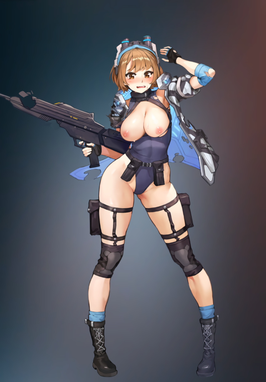 absurdres bad_id bad_pixiv_id belt belt_pouch black_footwear black_gloves blue_one-piece_swimsuit blue_socks boots breasts brown_eyes brown_hair brownie_(last_origin) chest_strap contrapposto cross-laced_footwear elbow_pads female fingerless_gloves full_body gloves glowing grey_background gun halterneck head-mounted_display highleg highleg_swimsuit highres holding holding_weapon holster jacket knee_pads lace-up_boots large_breasts last_origin nipples one-piece_swimsuit open_clothes open_jacket open_mouth pouch rifle sangobob short_hair socks solo standing sweat swimsuit thigh_holster thigh_strap third-party_edit torn_clothes torn_gloves torn_jacket torn_swimsuit utility_belt weapon