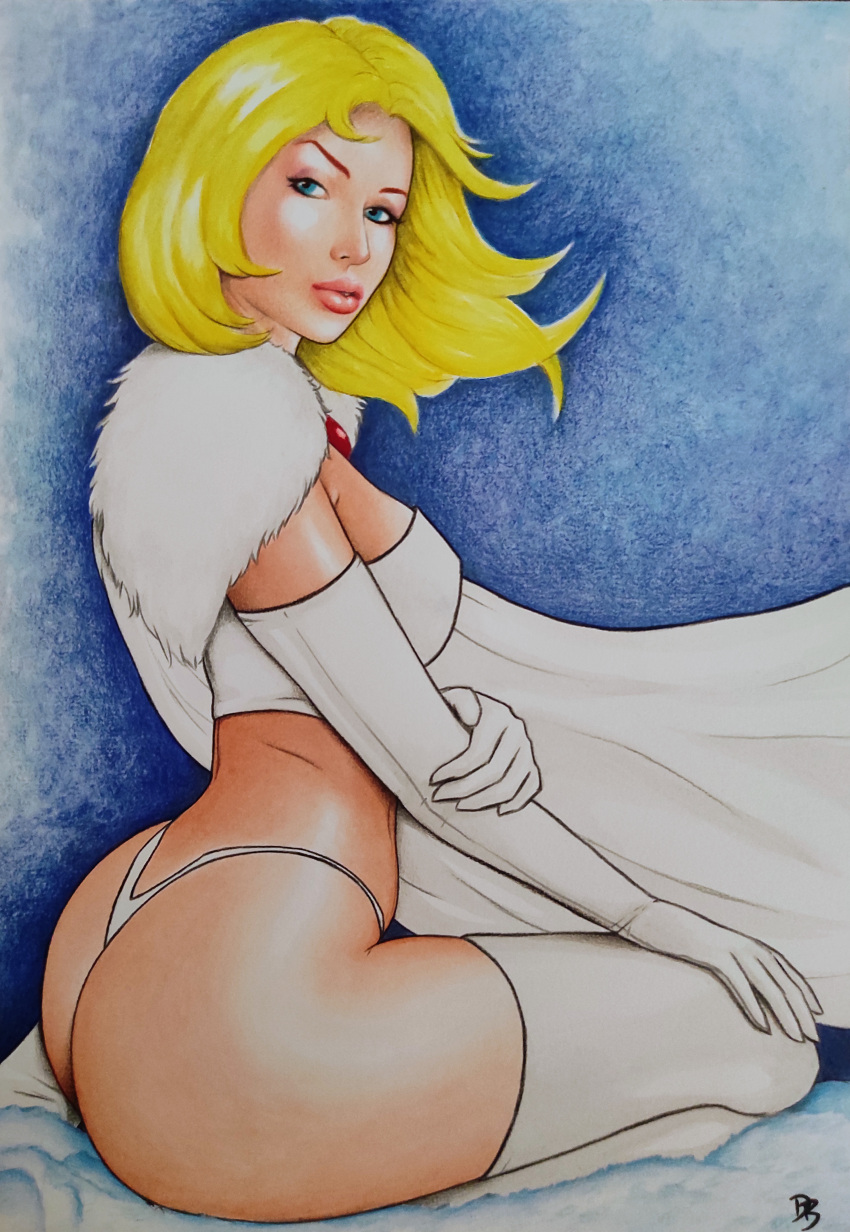 ass ass_focus big_ass blonde_hair blue_eyes bubble_butt cape corset dat_ass diego_bruno elbow_gloves emma_frost hellfire_club looking_at_viewer looking_away looking_back marvel marvel_comics thick_thighs thighhighs thighs thong thong_panties white_queen x-men