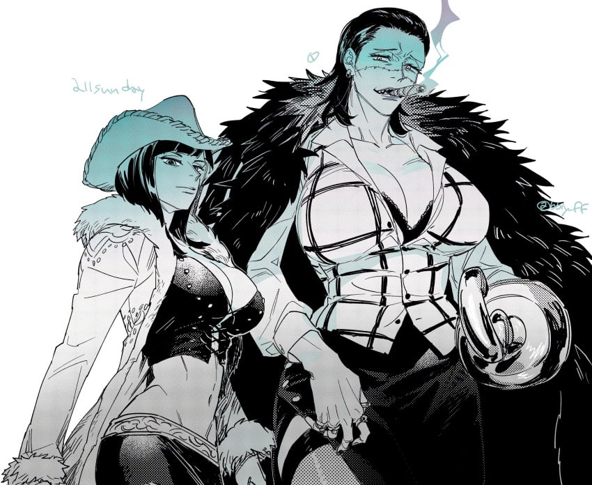 2girls bbly_ff big_breasts bra_cups_sticking_out cigar cleavage coat cowboy_hat facial_scar female female_only fully_clothed fur_trim hair_slicked_back hook_hand jacket_on_shoulders jewelry medium_hair miss_all_sunday monochrome nico_robin one_piece pre-timeskip rings scar sharp_teeth short_hair side_slit sir_crocodile smile smoking thighhighs