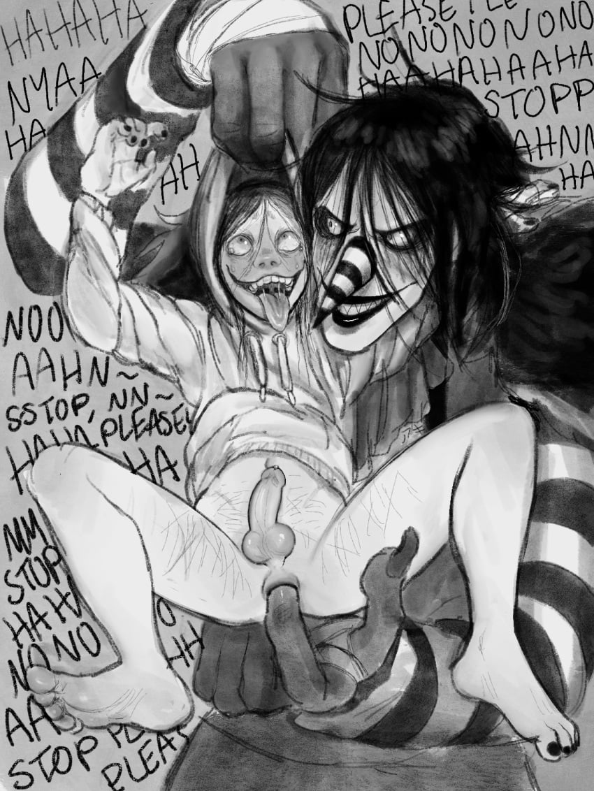 2boys anal anal_fingering anal_sex asphyxiation black_lipstick black_nail_polish black_nails bodily_fluids breadbitch420 choking clothed clothing clown cnc colored_nails creepypasta duo erection feet fingering forced genitals grin hair hi_res human humanoid jeff_the_killer laughing_jack lipstick makeup male male/male male_penetrating mammal nails not_furry open_mouth partially_clothed penetration penis questionable_consent rape self_harm_scars simple_background size_difference smile teeth text tongue tongue_out yaoi