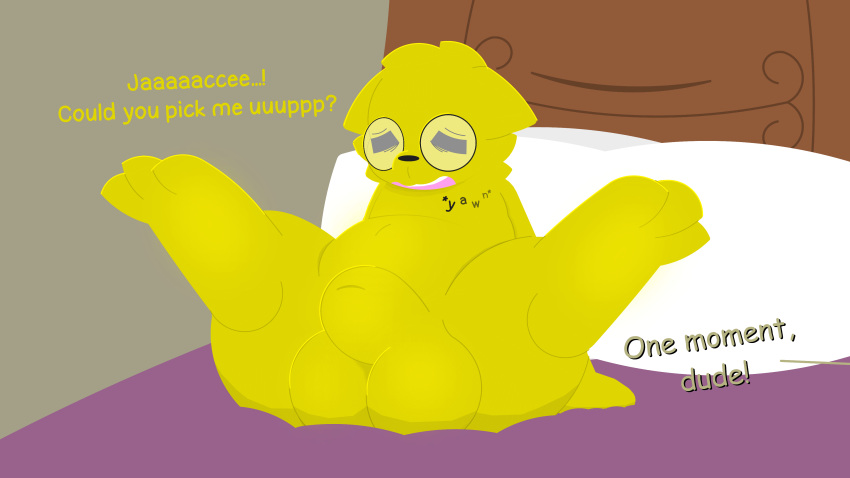 absurd_res animal_genitalia anthro ass balls bed big_balls chubby_male digital_media_(artwork) digitigrade eeveelution english_text eyewear fluffy fur furniture generation_1_pokemon genitals glasses hi_res huge_balls jolt_(joltrex) jolteon joltrex male nintendo nude open_mouth penis pillow pokemon pokemon_(species) presenting presenting_penis sheath simple_background slightly_chubby solo sparkothefailure text thick_thighs tired waking_up yawn yellow_body yellow_fur