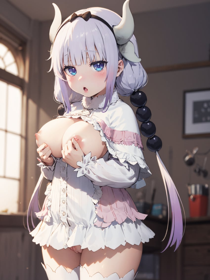 1girls ai_generated big_breasts breasts dragon_girl dragon_horns dress horn horns kanna_kamui kawaii kobayashi-san_chi_no_maidragon large_breasts miss_kobayashi's_dragon_maid nipples original pinching_nipples pink_hair ponytail pussy smaller_female stockings tail touching_breast touching_nipples uncensored vagina white_hair