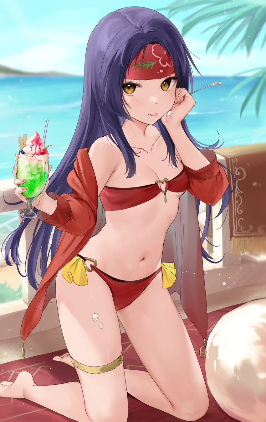 1girls alternate_costume bare_shoulders bikini breasts collarbone commission cup female female female_only fire_emblem fire_emblem:_radiant_dawn food_on_hand haru_(nakajou-28) headband heart_o-ring heart_ring_top highres holding holding_cup holding_spoon jacket kneeling long_hair long_sleeves looking_at_viewer navel nintendo ocean off_shoulder parfait pixiv_commission purple_hair red_bikini red_headband red_jacket red_swimsuit sanaki_kirsch_altina small_breasts solo spoon swimsuit tongue tongue_out yellow_eyes