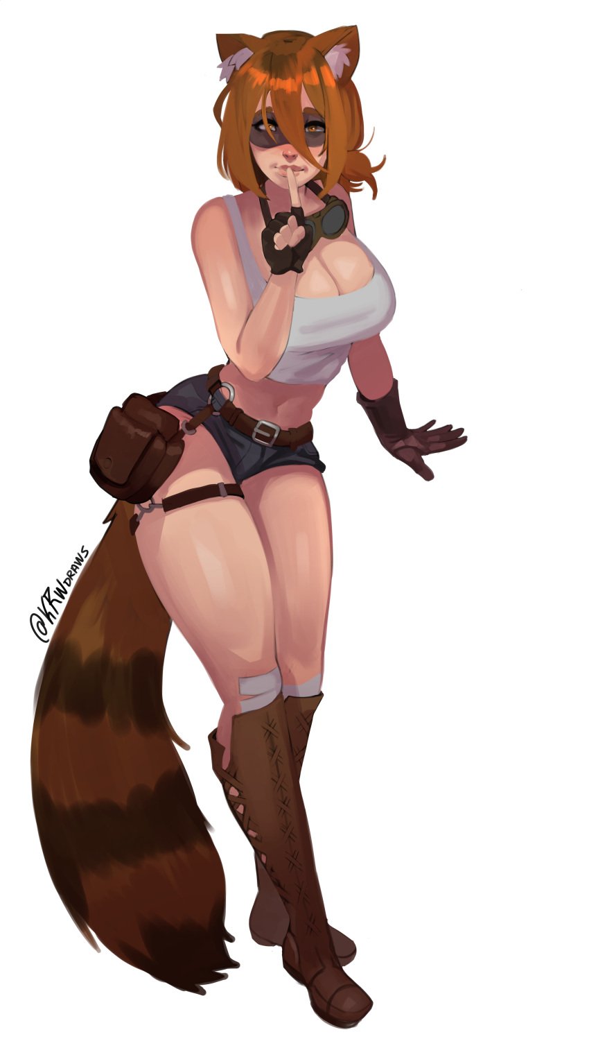 big_breasts big_thighs bunny_and_fox_world clothed clothed_female clothing kemonomimi korwuarts original_character raccoon raccoon_ears raccoon_girl raccoon_tail safe_for_work simple_background solo_female sprocket_notts standing thick_thighs