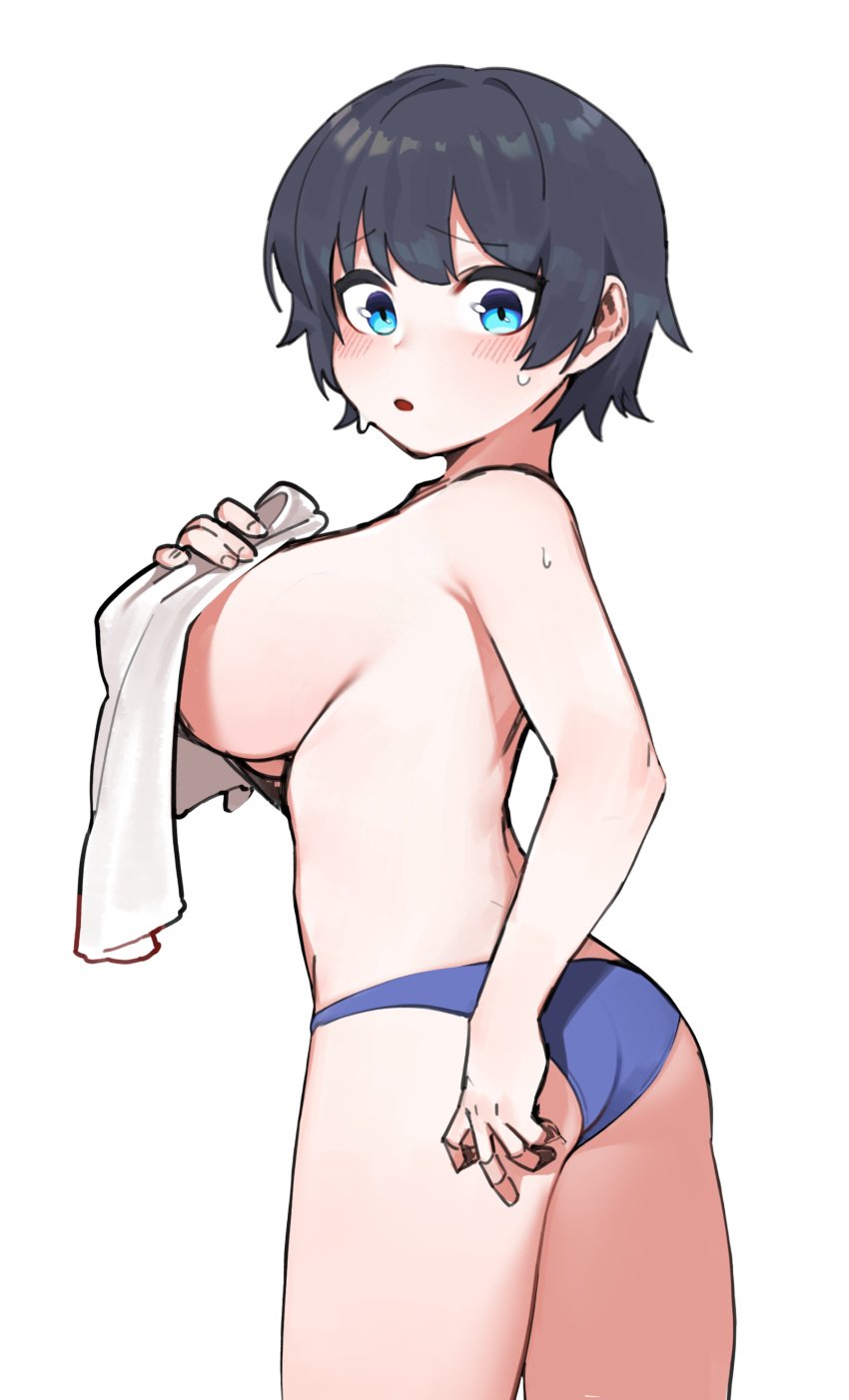 absurdres ass bikini black_hair blue_bikini blue_eyes blush breasts character_request copyright_request covering covering_breasts female from_behind highres holding holding_towel large_breasts looking_at_viewer looking_back open_mouth sangobob_(artist) short_hair simple_background solo sweat swimsuit topless towel transparent_background white_background