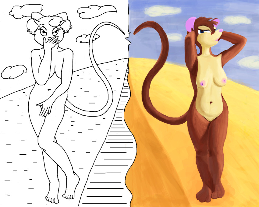 accessory anthro breasts desert diptych disney don_bluth duo female female/female fur hair_accessory hair_ribbon heart hi_res hiding_breasts hiding_face hiding_pussy hill hrisaura line_art mammal miss_kitty_mouse mouse mrs._brisby murid murine nipples nude pose ribbons road rodent simple_background sky tail the_great_mouse_detective the_secret_of_nimh