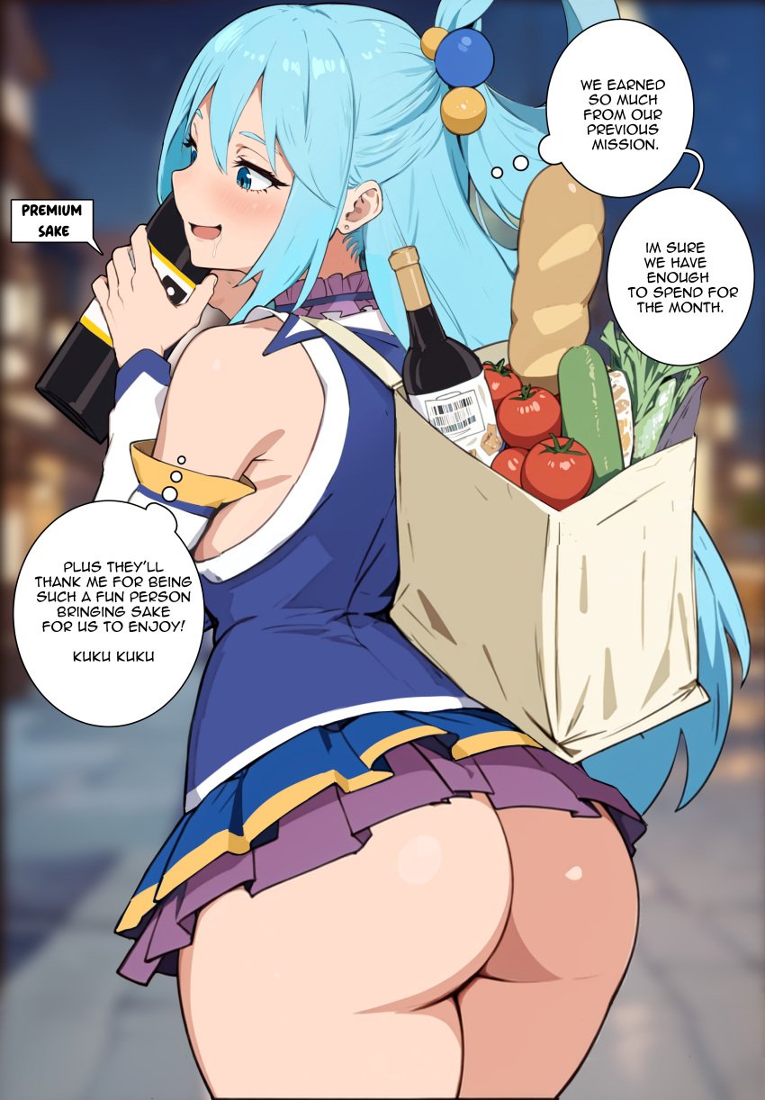 1girls ai_generated aqua_(konosuba) ass big_ass big_breasts blue_eyes blue_hair comic comic_page curvy english english_text goddess groceries grocery_bag kisou kono_subarashii_sekai_ni_shukufuku_wo! large_ass large_breasts no_panties sake skirt_lift text thighs tied_hair