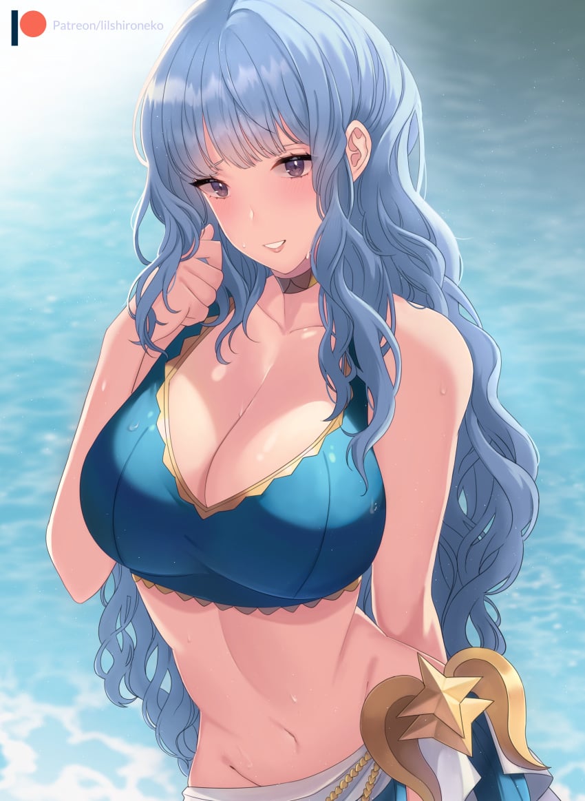 1girls absurdres alternate_costume alternate_hairstyle artist_name bikini blue_bikini blue_hair blue_swimsuit blush breasts choker cleavage female female female_only fire_emblem fire_emblem:_three_houses fire_emblem_heroes highres large_breasts lilshironeko long_hair marianne_von_edmund navel nintendo ocean official_alternate_costume outdoors patreon_username solo sweat swimsuit very_long_hair wading water wavy_hair