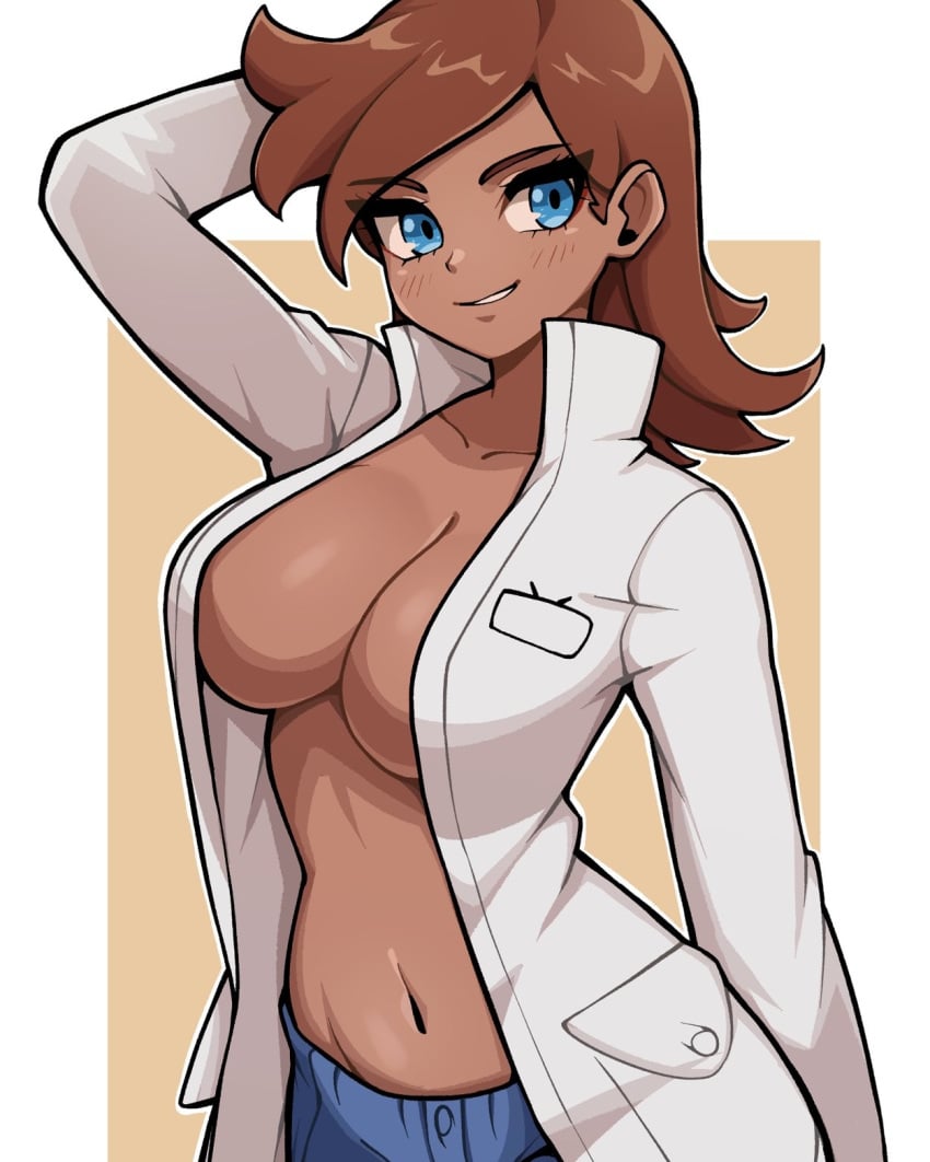 1girls big_breasts blush breasts brown_hair cleavage dark-skinned_female female hand_behind_head hi_res labcoat long_hair navel no_bra oninuer open_labcoat original original_character pose smile solo