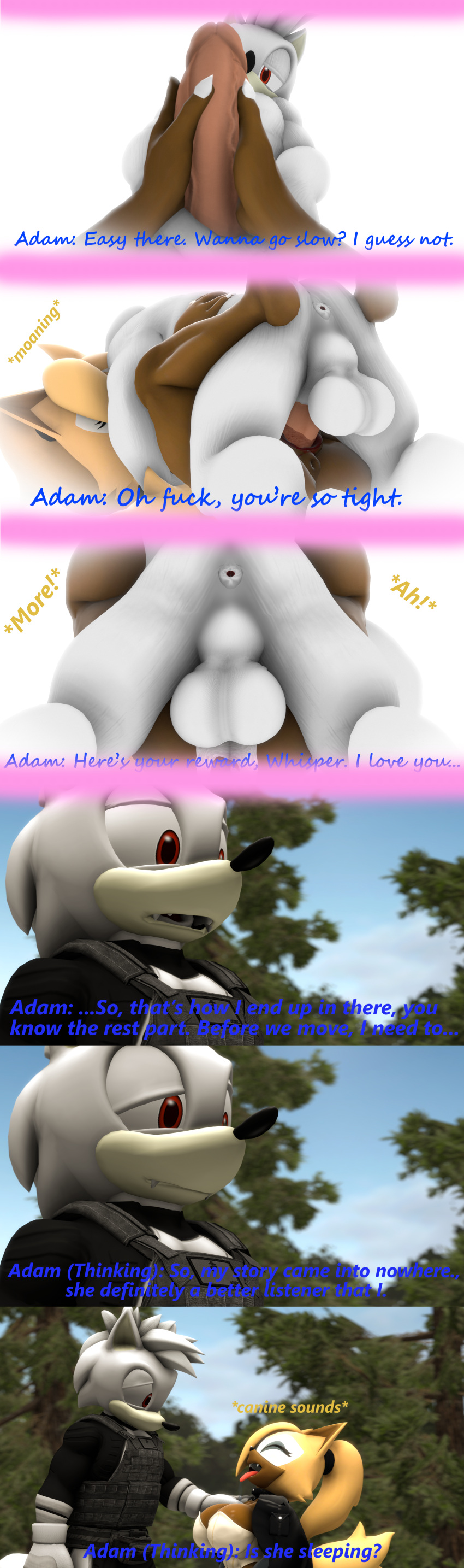 3d_(artwork) absurd_res adam_(juicyducksfm) anal anthro belt blood blurred_background bodily_fluids bodysuit brown_body brown_skin canid canine canis cape closed_eyes clothed clothing comic cum cum_in_pussy cum_inside defloration dialogue digital_media_(artwork) drooling duo embrace erection eye_contact fan_character female female_penetrated forest forest_background from_front_position fur genital_fluids genitals gloves half-closed_eyes handwear hi_res hug idw_publishing juicyducksfm knee_pads larger_male looking_at_another lying male male/female male_penetrating male_penetrating_female mammal missionary_position narrowed_eyes nature nature_background nude on_back original_character penetration penis plant pose red_eyes saliva sega sex size_difference skinsuit sleeping smaller_female smile sonic_(series) sonic_oc sonic_the_hedgehog_(comics) sonic_the_hedgehog_(idw) sonic_the_hedgehog_(series) source_filmmaker surprised_expression text tight_clothing topwear touching_penis touching_shoulder tree vaginal_penetration vest virginal_blood whisper_the_wolf white_body white_fur wolf yellow_body yellow_fur