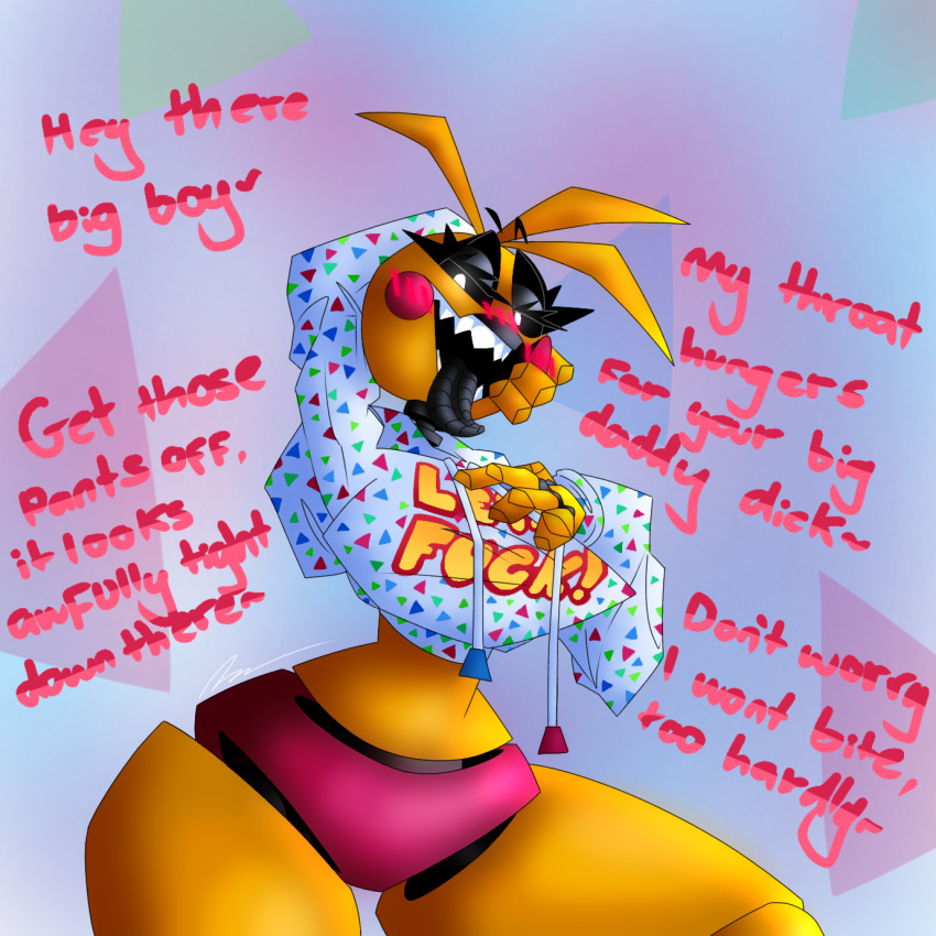 animatronic avian big_breasts bird blush breasts chicken clothing female five_nights_at_freddy's five_nights_at_freddy's_2 galliform gallus_(genus) hi_res hoodie humanoid larger_female machine metal_tongue passiona_roo phasianid robot scottgames sharp_teeth size_difference solo teeth thick_thighs tongue tongue_out topwear toy_chica_(fnaf) wide_hips