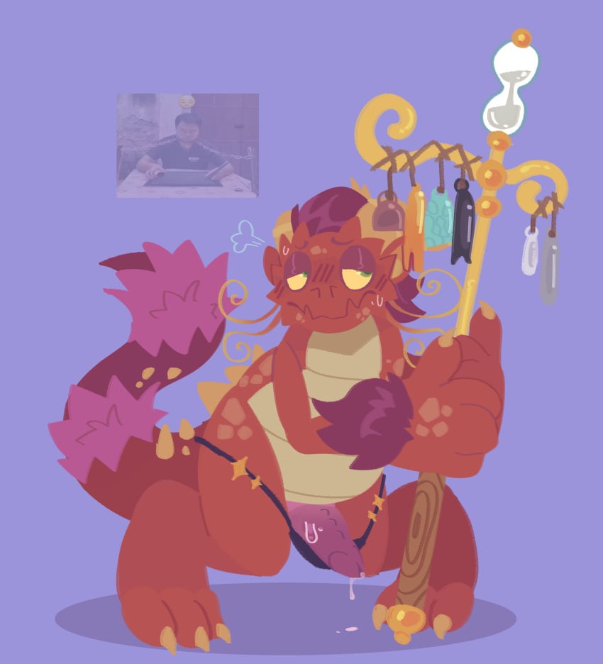 anthro awkward carillong chimekeeperderg_(artist) dragon eastern_dragon erect g-string genital_slit holding_object lineless male_only monster my_singing_monsters nubbed_penis red_skin scalie self_upload shy solo