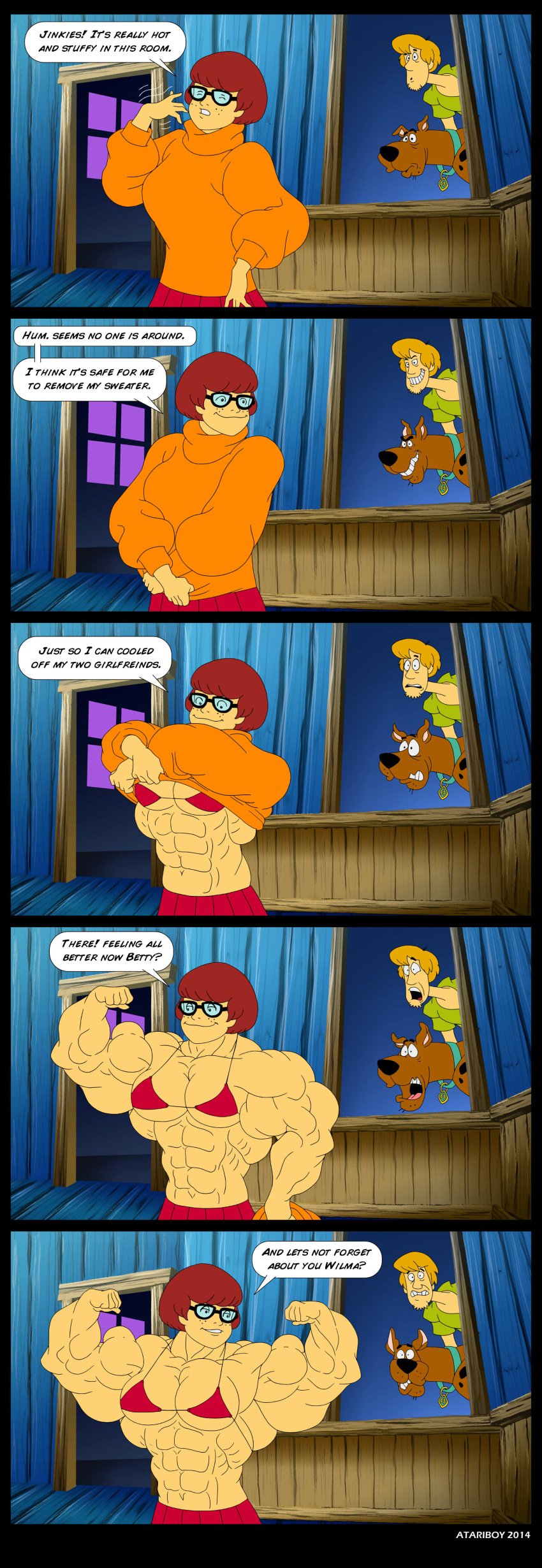 abs atariboy biceps big_breasts big_muscles breasts female glasses huge_breasts huge_muscles large_breasts large_muscles male muscles muscular muscular_female pecs scooby-doo scooby-doo_(character) shaggy_rogers skirt velma_dinkley