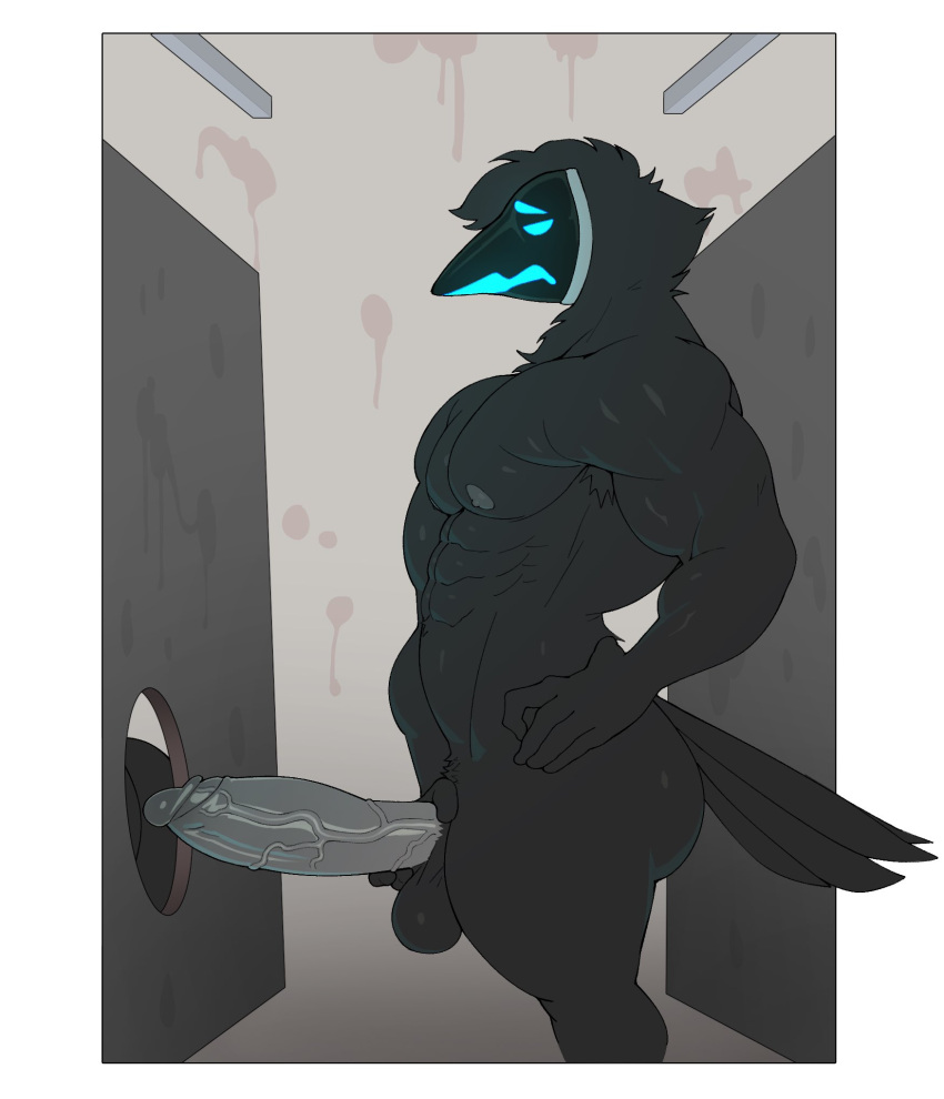 alphi_(nightbirby) anthro ass avian balls bathroom beak big_penis bird black_body corvid corvus_(genus) crow digital_media_(artwork) duo erection feathers foreskin fur genitals glory_hole hair hi_res humanoid humanoid_genitalia humanoid_penis hybrid inkgoat machine male male/male mammal muscular muscular_anthro muscular_male nipples nude oscine passerine pecs penile penis protogen screen screen_face simple_background tail