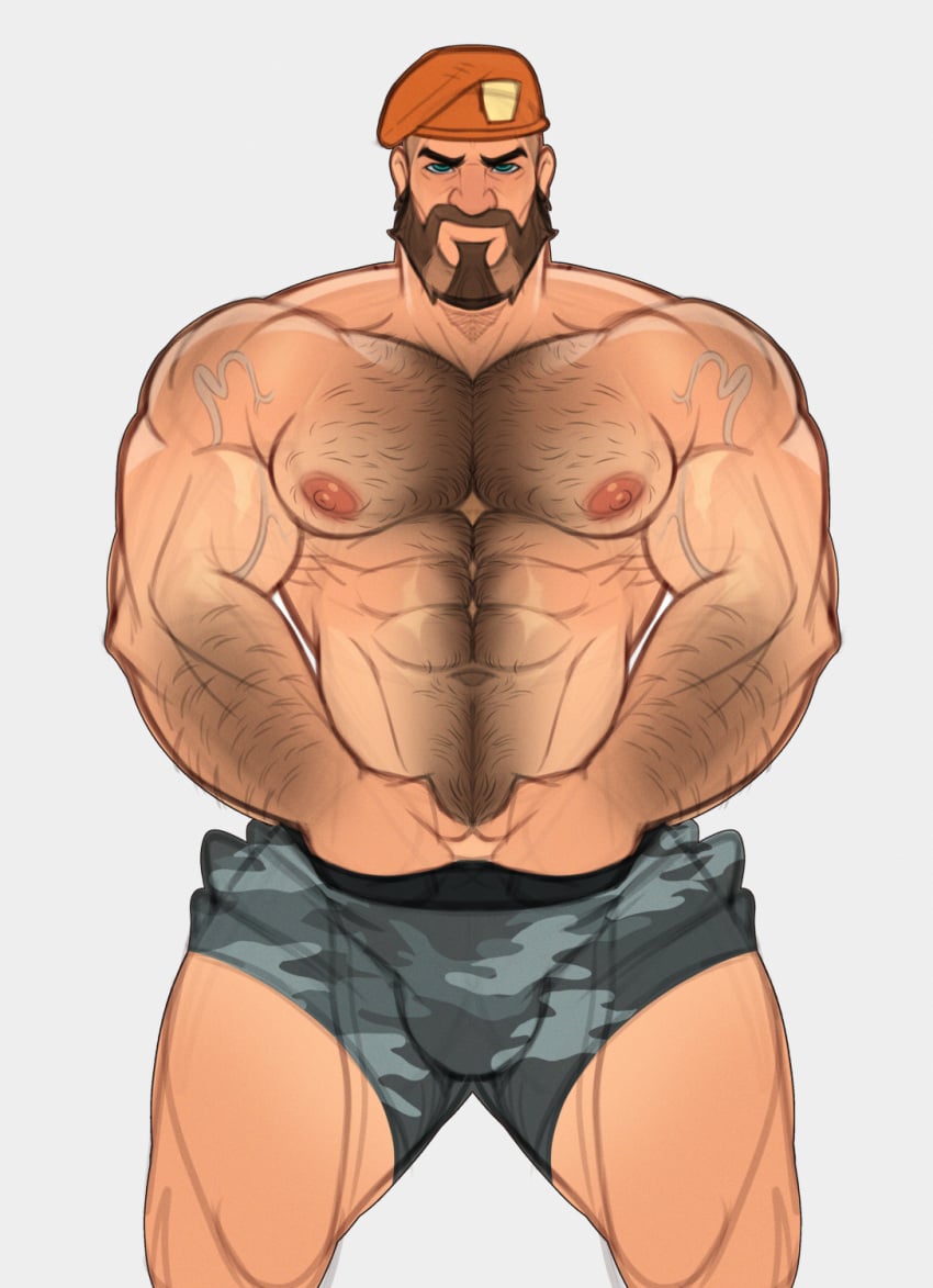 1boy 2023 bara bara_tits barazoku beard brimstone_(valorant) bulge clothing daddy dilf facial_hair flaccid gay hairy hairy_arms hairy_chest hi_res highres looking_at_viewer male male_focus male_nipples male_only male_pubic_hair manly moustache muscular_male nipples riot_games skayous solo solo_male valorant yaoi