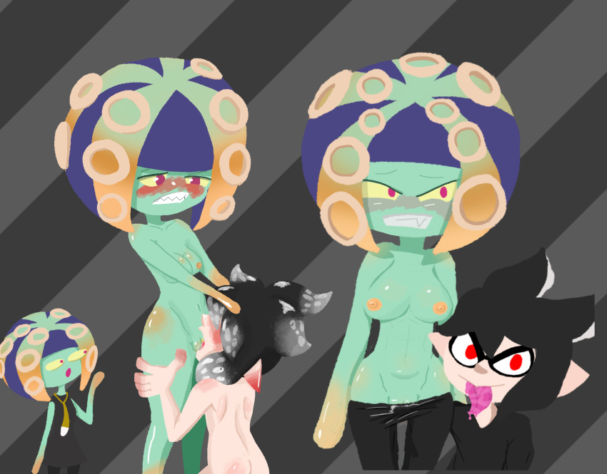 ambiguous_gender ambiguous_penetration axol007 axol_(splatoon) black_hair blush breasts clenched_teeth female green_skin ink_theory inkling legwear looking_at_viewer looking_pleasured medium_breasts oral pointy_ears pussy red_eyes sharp_teeth simple_background snaggle_tooth splatoon suprised tagme tentacle_hair tie tongue tongue_out topless yellow_nipples