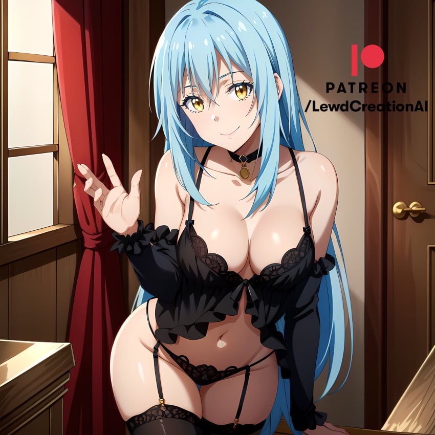 ai_generated bent_forward big_breasts blue_hair choker cleavage garter garter_straps garters golden_eyes indoors lewdcreationsai lingerie navel panties rimuru_tempest smile smirk that_time_i_got_reincarnated_as_a_slime thick thick_thighs thigh_gap thigh_highs thighhighs thighs thongs wave yellow_eyes