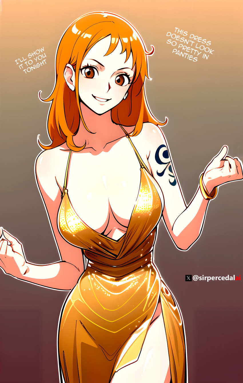 1girls ai_generated big_breasts dress female female_only gold_dress nami nami_(one_piece) one_piece post-timeskip pubic sirpercedalai tattoo