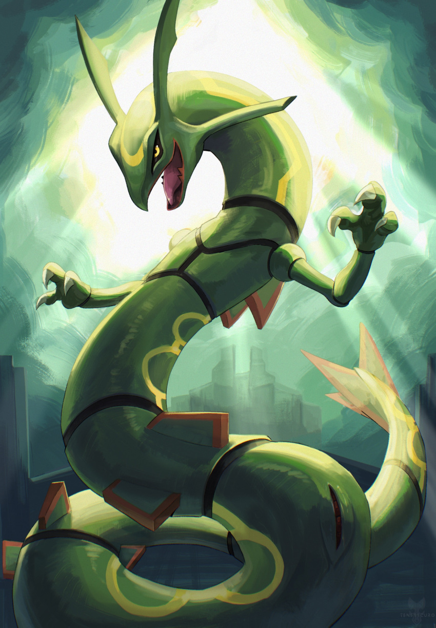 ambiguous_gender black_body feral generation_3_pokemon green_body hi_res legendary_pokemon multicolored_body nintendo open_mouth orange_body pokemon pokemon_(species) rayquaza serpentine slit solo tenebscuro yellow_body yellow_eyes