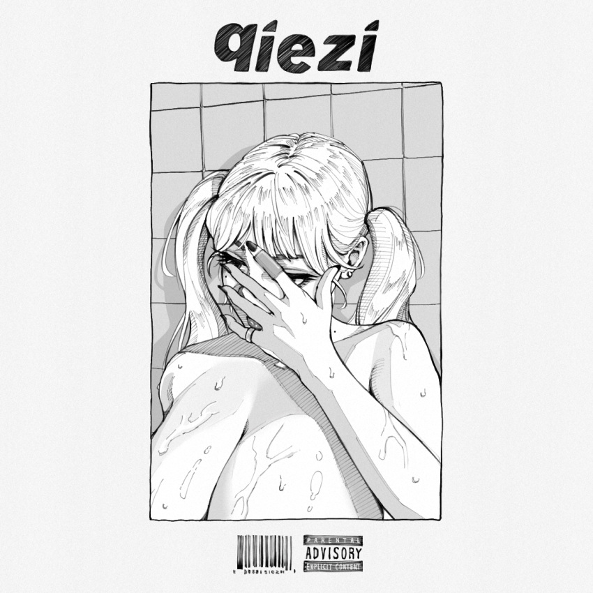 1girls album_art album_cover album_reference black_and_white blonde_(frank_ocean) breasts female female_only frank_ocean hand_covering_face hand_in_front_of_face huge_breasts monochrome parental_advisory parody qiezi reference