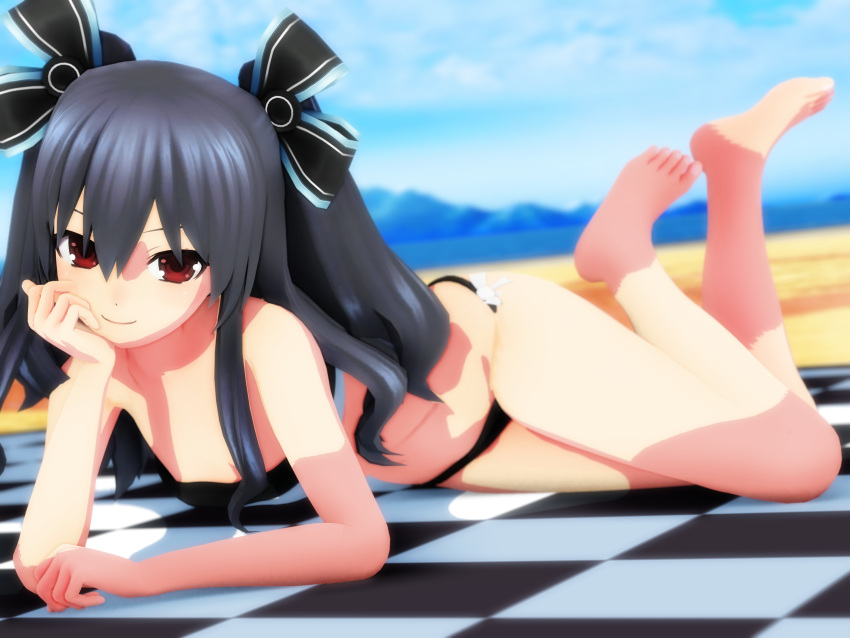 1girls 3d arm_support ass beach black_hair breasts cleavage confident feet female female_only hi_res legs long_hair looking_at_viewer lying navel neptunia_(series) ocean pose posing red_eyes seductive seductive_smile sensual small_breasts smile solo the_pose thighs twintails uni_(neptunia) young