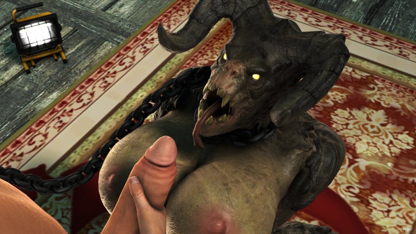 3d 3d_(artwork) 3d_model absurd_res anthro argistartist begging bethesda_softworks big_breasts big_penis breasts chains deathclaw duo fallout female female_deathclaw genitals hi_res humanoid male male/female masturbation penis scalie tongue tongue_out