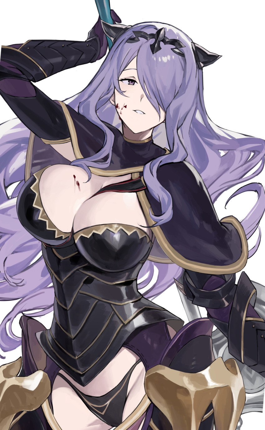 1girls absurdres armor axe bare_thighs battle_axe black_armor black_panties blood blood_on_face boots breasts camilla_(fire_emblem) cleavage fake_horns faulds female female_only fire_emblem fire_emblem_fates gauntlets groin hair_over_one_eye hashibiro_kou_(garapiko_p) highres holding holding_axe horns inner_thighs large_breasts long_hair nintendo panties purple_eyes purple_hair simple_background solo swept_bangs thighs tiara underwear weapon white_background