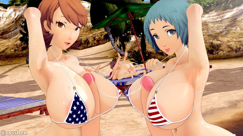 1girls 3d 3d_(artwork) 3futas alternate_breast_size american_flag_bikini atlus balls beach bikini blue_hair breasts brown_hair character_in_background cyshen futa_on_female futanari fuuka_yamagishi hi_res huge_breasts koikatsu kotone_shiomi large_breasts light-skinned_futanari light_skin long_hair massive_breasts mating_press mitsuru_kirijo naughty_face outdoors penis persona persona_3 red_hair sex short_hair sweat sweaty_body uncensored yamagishi_fuuka yukari_takeba