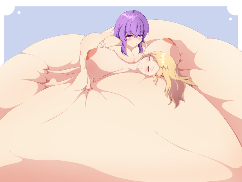 2girls aralasart big_ass big_breasts breasts_bigger_than_body breasts_bigger_than_head breasts_bigger_than_torso enormous_breasts huge_breasts hyper hyper_breasts immobile laying_on_breasts lying_on_breasts lying_on_self meat_wall_(body_type) multiple_girls sinking_grip sinking_into_flesh tagme too_big_to_move yuri