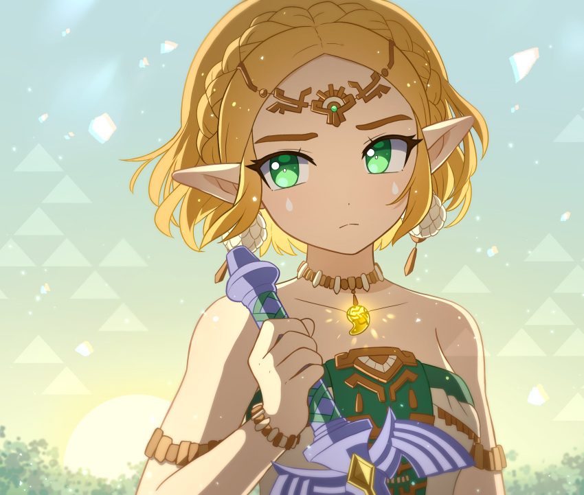 absurdres blonde_hair bracelet braid crown_braid earrings enni female green_eyes highres holding holding_sword holding_weapon jewelry looking_to_the_side magatama master_sword necklace pointy_ears princess_zelda short_hair solo strapless sun sword tears_of_the_kingdom the_legend_of_zelda the_legend_of_zelda:_tears_of_the_kingdom tiara upper_body weapon zelda_(tears_of_the_kingdom)