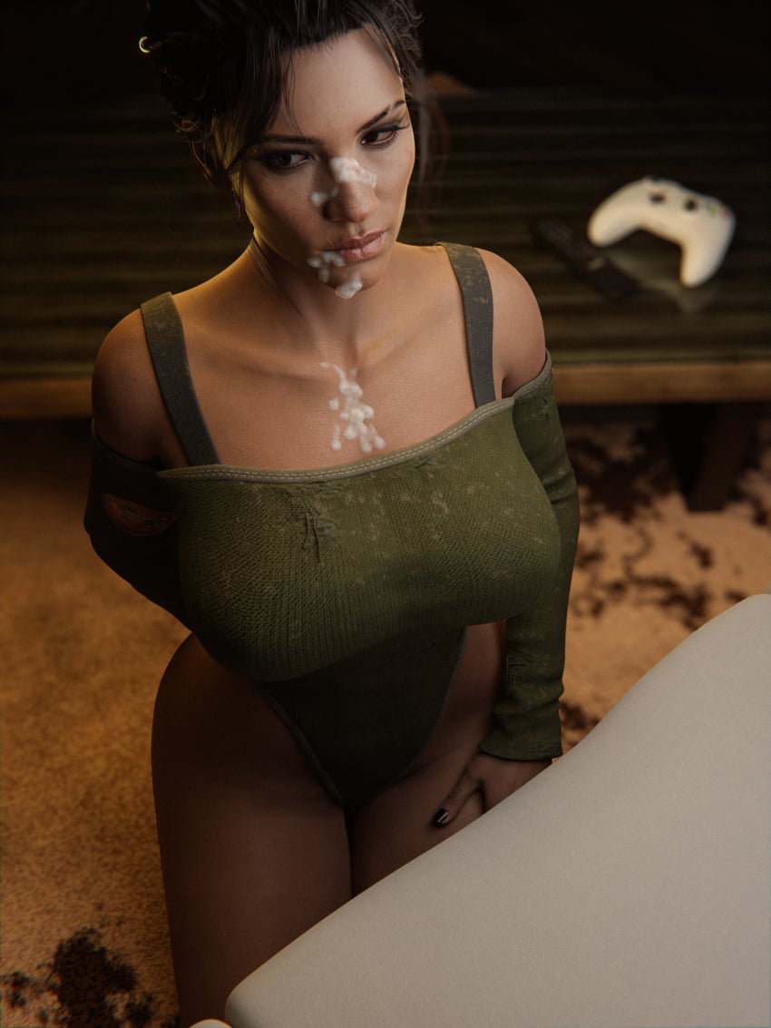 1girls 3d 3d_(artwork) after_sex big_breasts blender_(software) clothed clothing cum cum_drip cum_in_mouth cum_on_body cum_on_face cumshot cyberpunk_2077 facial female female_only kneeling nudumart panam_palmer snobby solo thick thick_thighs used