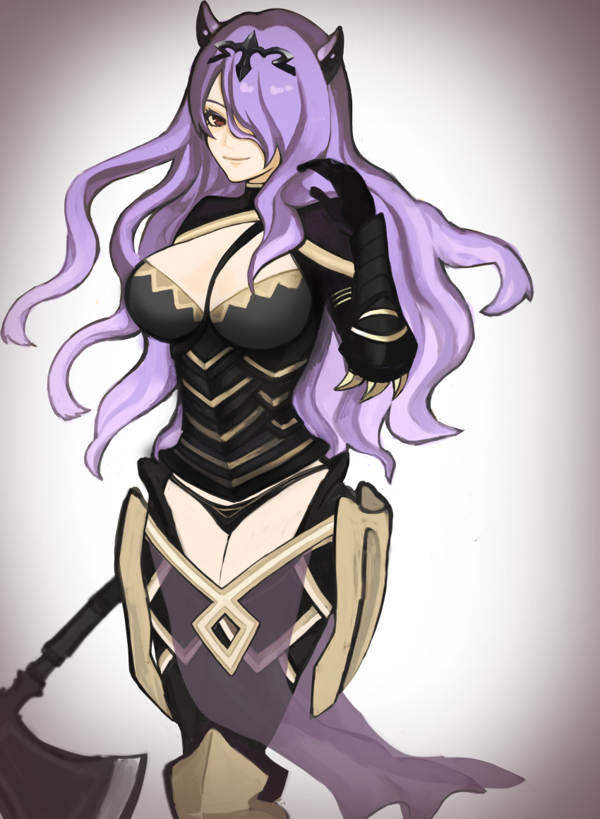 1girls absurdres axe bare_thighs black_panties black_tiara breasts camilla_(fire_emblem) cleavage closed_mouth female female_only fire_emblem fire_emblem_fates hair_over_one_eye highres holding holding_axe inner_thighs kumo_(sopurano_22) large_breasts nintendo panties purple_eyes purple_hair solo thighs underwear