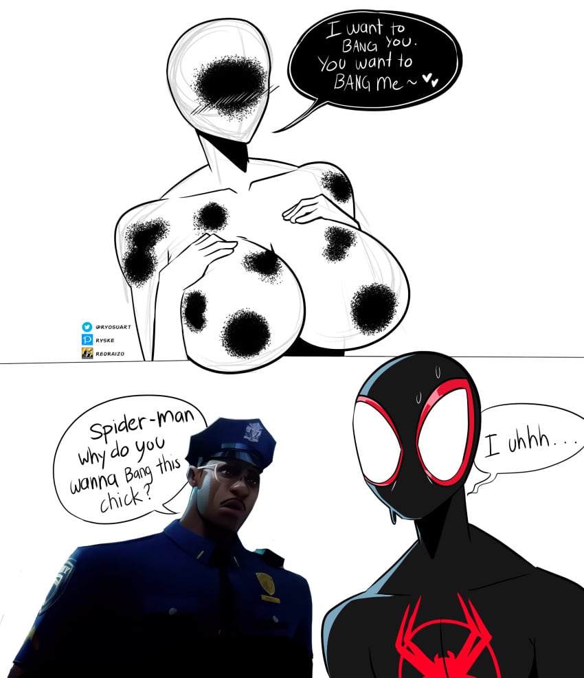 big_breasts blush female genderswap_(mtf) jefferson_davis male marvel meme miles_morales redraizo rule_63 spider-man spider-man:_across_the_spider-verse the_spot