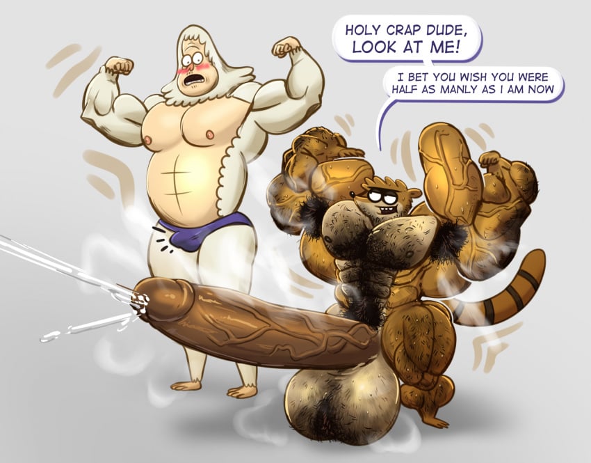 bodybuilder flexing furry hairy hairy_chest hairy_male hyper hyper_balls hyper_cock hyper_genitalia hyper_penis hyper_testicles lotolotl male male_only muscles muscular muscular_arms muscular_male muscular_thighs regular_show rigby_(regular_show)