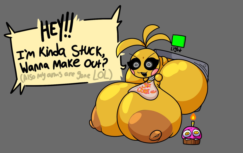 big_ass big_breasts big_butt black_and_white_eyes cupcake_(fnaf) five_nights_at_freddy's five_nights_at_freddy's_2 huge_ass huge_breasts lewdmaya solo speech_bubble stuck talking_to_viewer text thick_ass toy_chica_(fnaf)