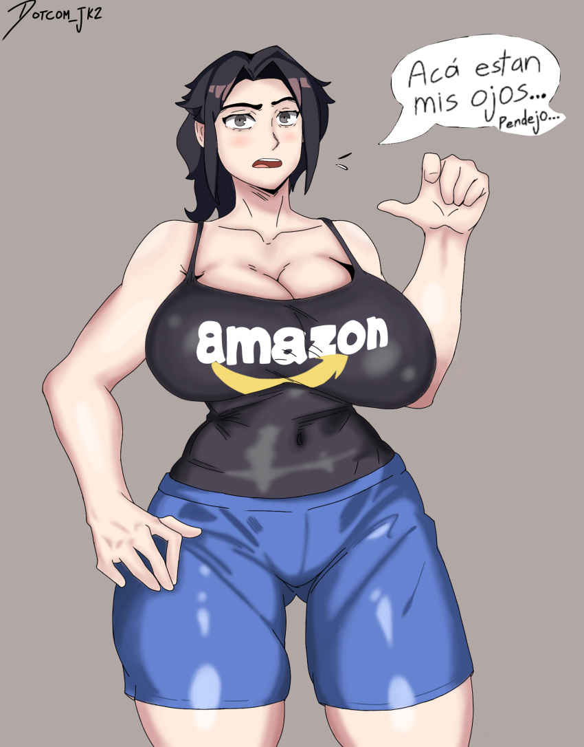 amazon amazon_(company) angry angry_at_viewer big_breasts big_thighs black_hair dotcomjk2_(artist) dressed hand_on_hip light_clothing looking_at_viewer only_female original_character pointing_at_viewer spanish_text talking_to_viewer voluptuous_female wide_hips