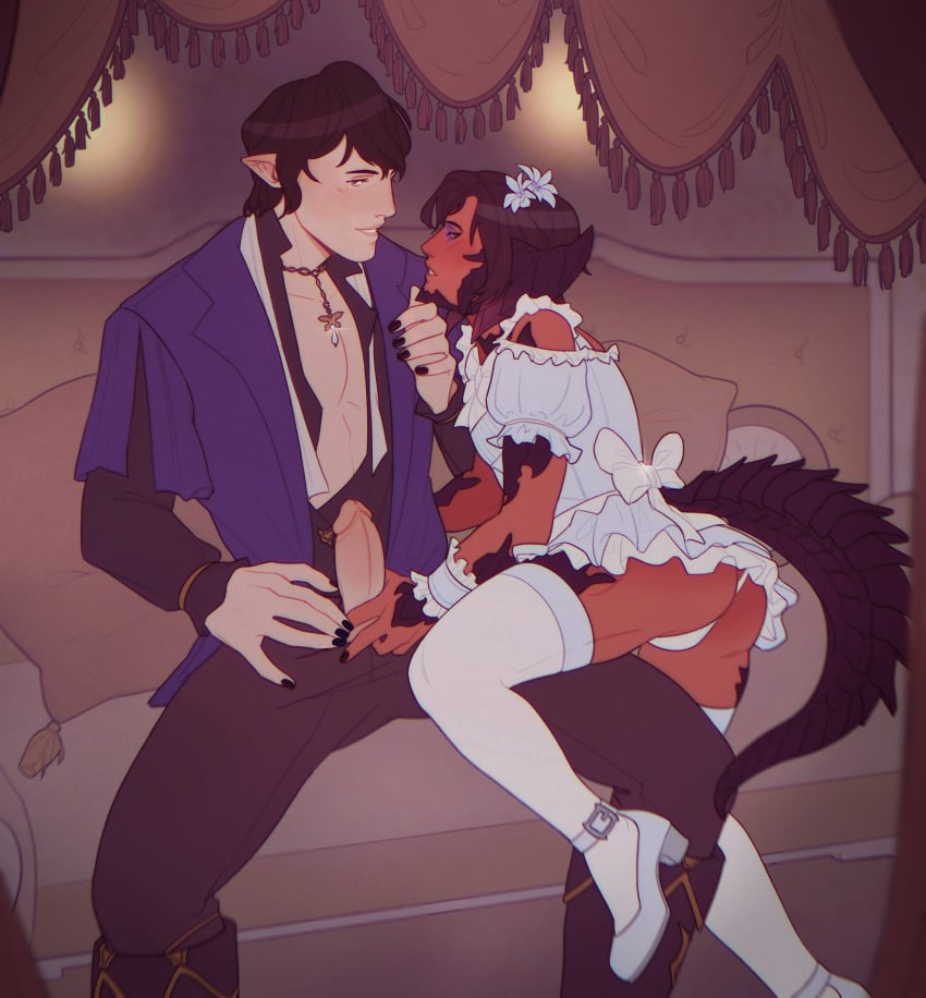 ashaaryx au_ra aymeric_de_borel brown_skin bulge dark-skinned_femboy dark-skinned_male dark_hair dark_skin elezen erect_penis erection femboy final_fantasy_xiv hand_on_chin handjob horns looking_at_viewer maid maid_outfit maid_uniform partially_clothed scales tail xaela