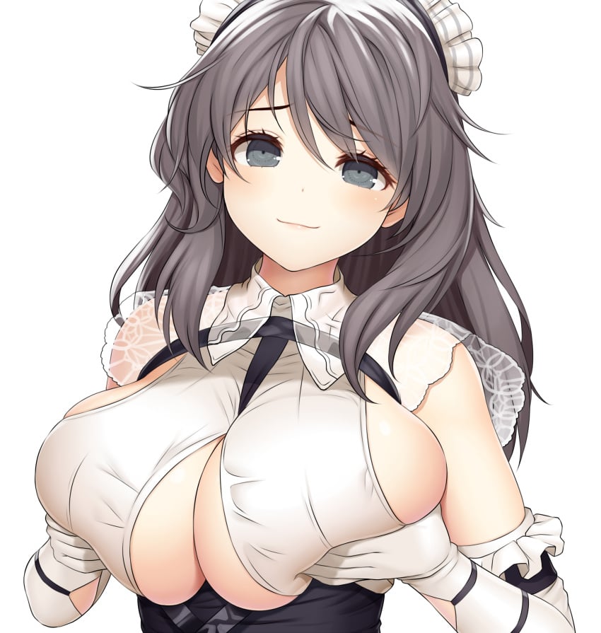 1girls asamura_hiori azur_lane bare_shoulders black_hair blush breast_lift breasts charybdis_(azur_lane) cleavage cleavage_cutout closed_mouth clothed clothing clothing_cutout commentary_request elbow_gloves female female_only frilled_gloves frills gloves grey_eyes highres huge_breasts large_breasts light-skinned_female light_skin long_hair looking_at_viewer maid_headdress revision royal_navy_(azur_lane) sideboob simple_background smile solo underbust upper_body white_background white_gloves