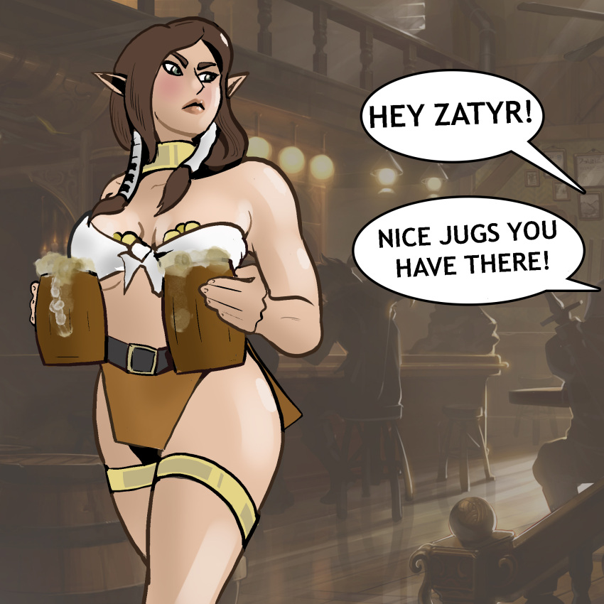 1girls athorment_oc blush brown_hair cleavage drink elf elf_ears elf_female female female_focus gold_coin tagme tavern waitress zatyr_(athorment)