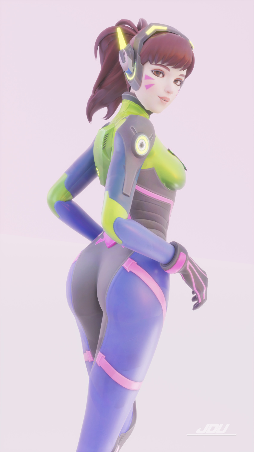 1girls 3d 3d_(artwork) 8k activision alternate_costume ass blender_(software) blizzard_entertainment brown_eyes brown_eyes_female brown_hair brown_hair_female butt d.va female female_focus female_only focus fully_clothed hana_song happy jdv korean korean_female latex light-skinned_female light_skin nano_d.va overwatch overwatch_2