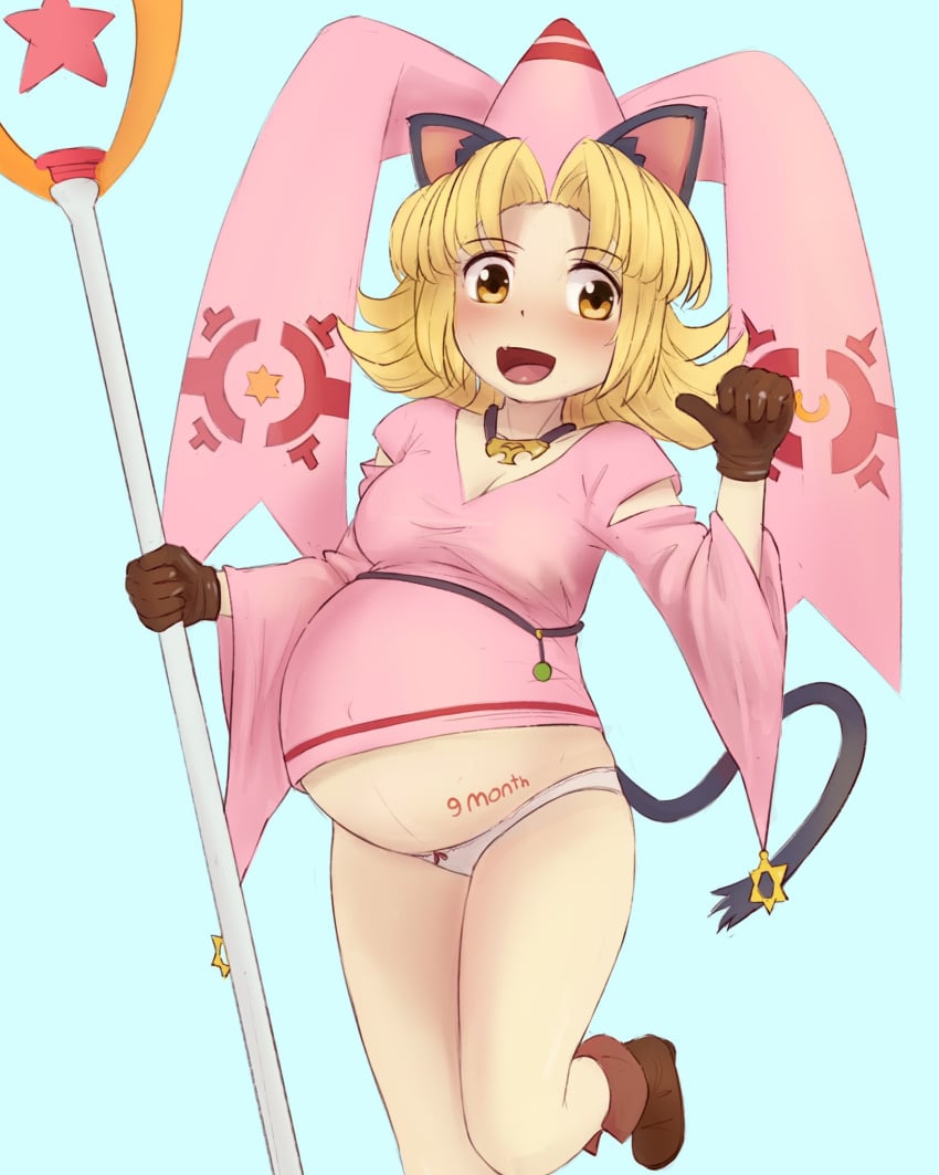 1girls 2023 blonde_hair cat_ears cat_tail catgirl chocomilk cleavage cute_fang gloves marl_kingdom myao_karkanski nippon_ichi_software one_leg_up panties pregnant rhapsody:_a_musical_adventure smile solo tagme text_on_body white_panties yellow_eyes