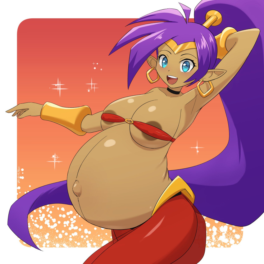 1girls armpits big_breasts breasts dark-skinned_female dark_skin female female_only huge_belly kakuajialter large_breasts looking_at_viewer pregnant ready_to_pop shantae shantae_(character) solo