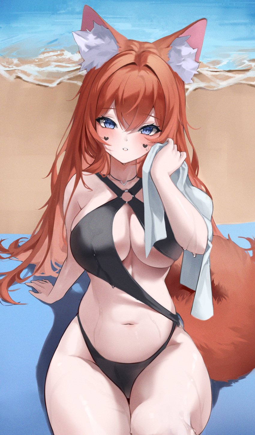 2d animal_ears beach bikini black_bikini blue_eyes blush dress_(artist) ear_tuft eyebrows_visible_through_hair female fluffy_ears fluffy_tail fox_ears fox_tail glubbable heart large_breasts light-skinned_female light_skin looking_at_viewer pale-skinned_female pale_skin red_hair sand side_boob sideboob thick_thighs thin thin_waist under_boob underboob virtual_youtuber vrchat